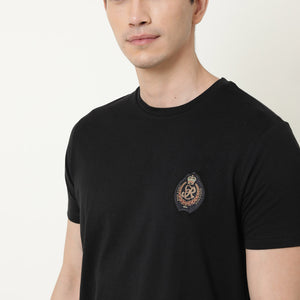 Rare Rabbit Men's Crown T Black Crew Neck Chest Embroidered Label Half Sleeves Slim Fit T-Shirt