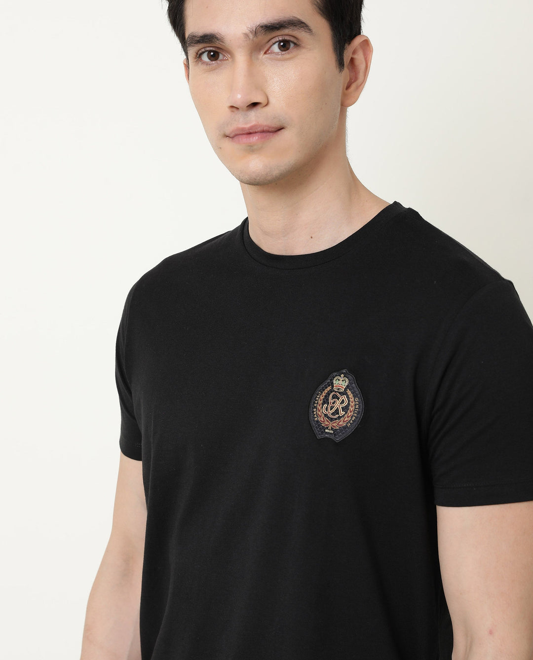 Rare Rabbit Men's Crown T Black Crew Neck Chest Embroidered Label Half Sleeves Slim Fit T-Shirt