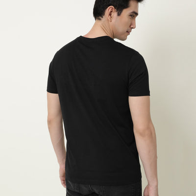Rare Rabbit Men's Crown T Black Crew Neck Chest Embroidered Label Half Sleeves Slim Fit T-Shirt