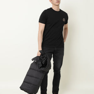 Rare Rabbit Men's Crown T Black Crew Neck Chest Embroidered Label Half Sleeves Slim Fit T-Shirt