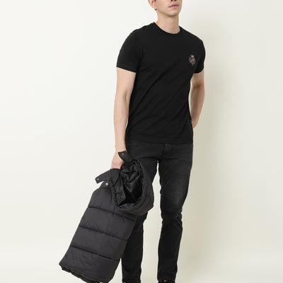 Rare Rabbit Men's Crown T Black Crew Neck Chest Embroidered Label Half Sleeves Slim Fit T-Shirt