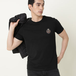 Rare Rabbit Men's Crown T Black Crew Neck Chest Embroidered Label Half Sleeves Slim Fit T-Shirt