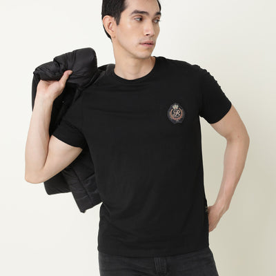 Rare Rabbit Men's Crown T Black Crew Neck Chest Embroidered Label Half Sleeves Slim Fit T-Shirt