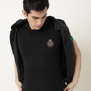 Rare Rabbit Men's Crown T Black Crew Neck Chest Embroidered Label Half Sleeves Slim Fit T-Shirt