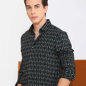 Rare Rabbit Mens Oliver Green Viscose Fabric Full Sleeves Slim Fit Geometric Print Shirt