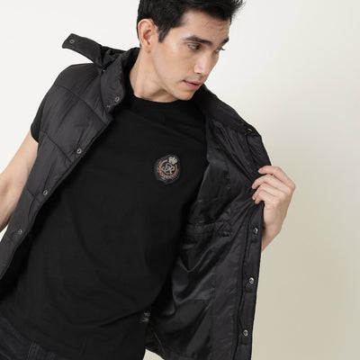 Rare Rabbit Men's Crown T Black Crew Neck Chest Embroidered Label Half Sleeves Slim Fit T-Shirt