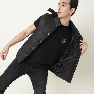 Rare Rabbit Men's Crown T Black Crew Neck Chest Embroidered Label Half Sleeves Slim Fit T-Shirt