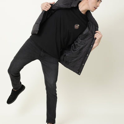 Rare Rabbit Men's Crown T Black Crew Neck Chest Embroidered Label Half Sleeves Slim Fit T-Shirt