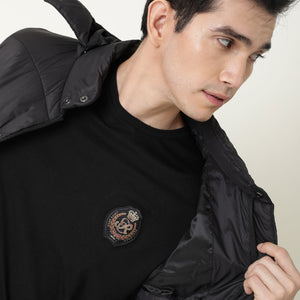 Rare Rabbit Men's Crown T Black Crew Neck Chest Embroidered Label Half Sleeves Slim Fit T-Shirt