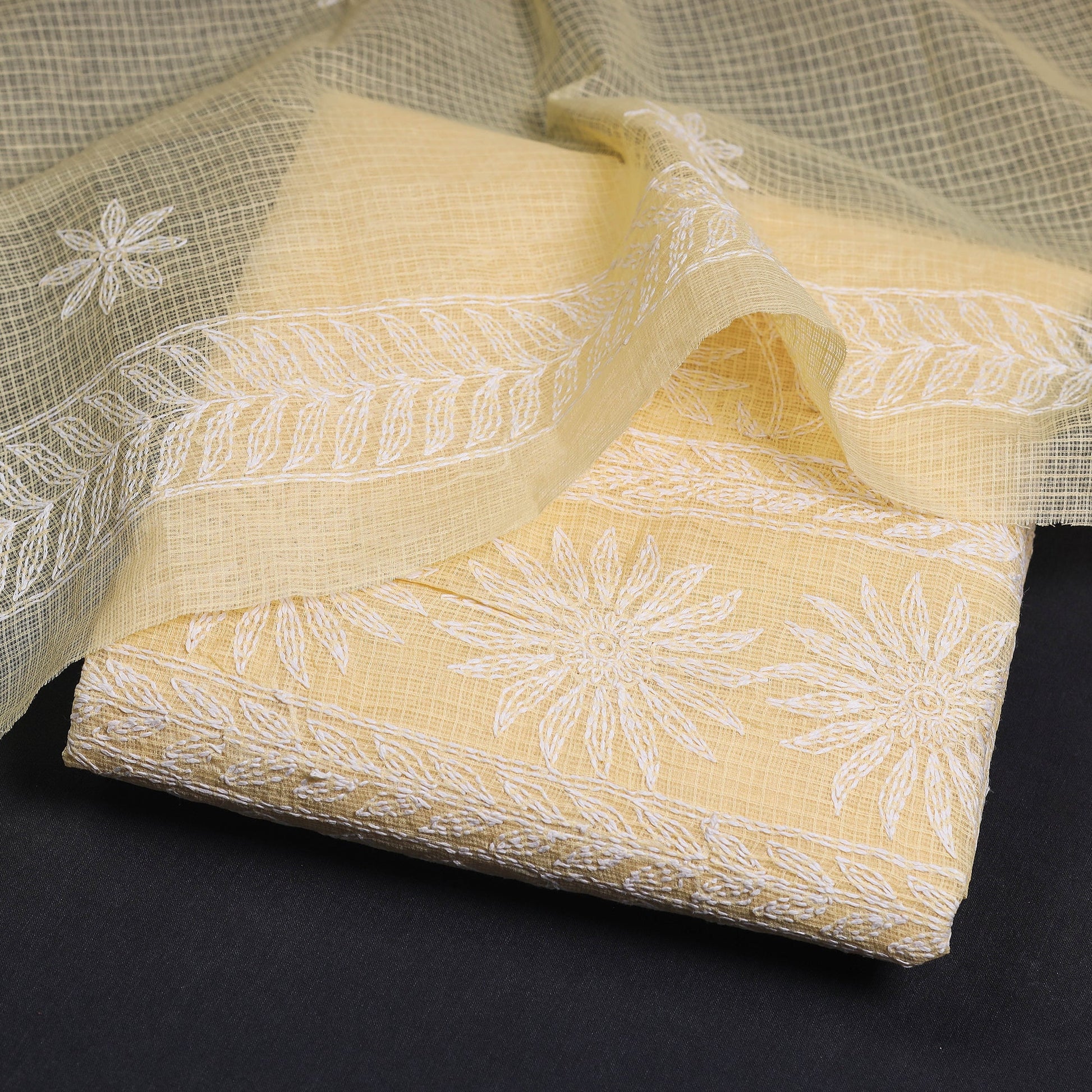 Beige - 2pc Hand Embroidery Kota Doria Chikankari Dress Material