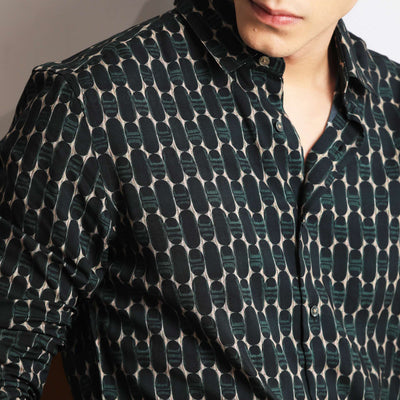 Rare Rabbit Mens Oliver Green Viscose Fabric Full Sleeves Slim Fit Geometric Print Shirt