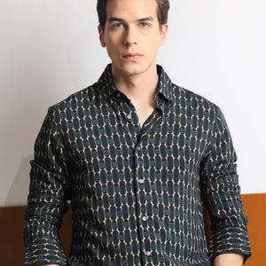 Rare Rabbit Mens Oliver Green Viscose Fabric Full Sleeves Slim Fit Geometric Print Shirt