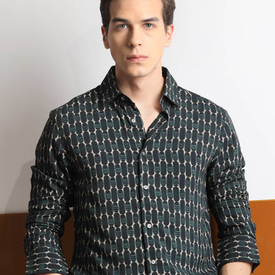 Rare Rabbit Mens Oliver Green Viscose Fabric Full Sleeves Slim Fit Geometric Print Shirt