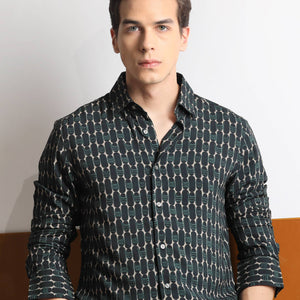Rare Rabbit Mens Oliver Green Viscose Fabric Full Sleeves Slim Fit Geometric Print Shirt