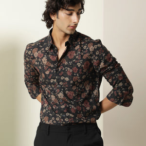 Rare Rabbit Mens Vynil Blue Viscose Fabric Full Sleeves Floral Print Shirt