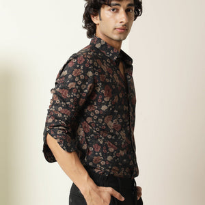 Rare Rabbit Mens Vynil Blue Viscose Fabric Full Sleeves Floral Print Shirt