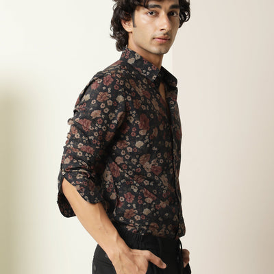 Rare Rabbit Mens Vynil Blue Viscose Fabric Full Sleeves Floral Print Shirt