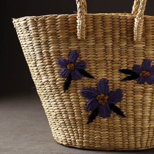 Beige - Handcrafted Natural Water Reed Embroidered Shopping Bag