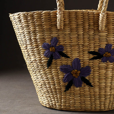 Beige - Handcrafted Natural Water Reed Embroidered Shopping Bag