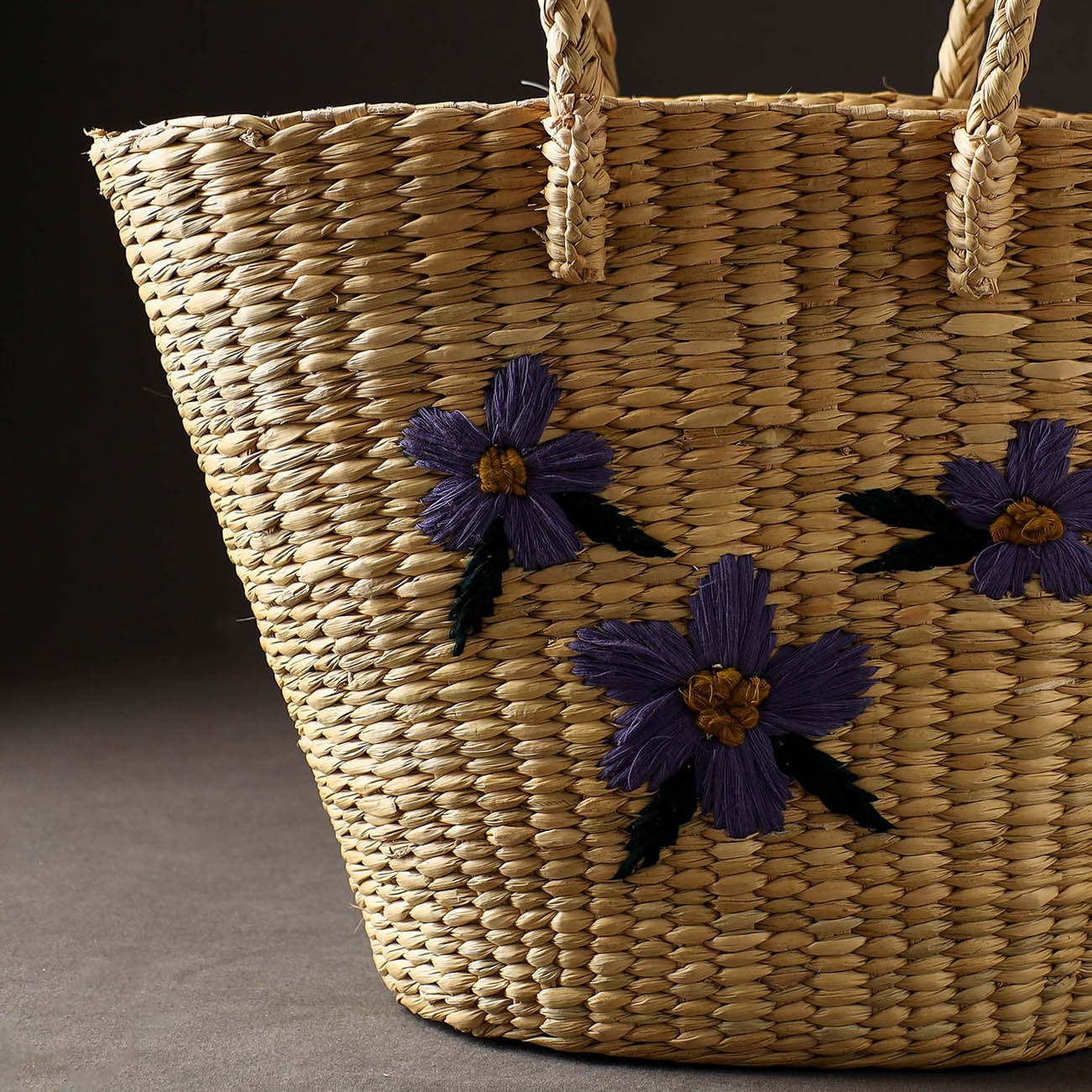 Beige - Handcrafted Natural Water Reed Embroidered Shopping Bag