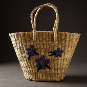 Beige - Handcrafted Natural Water Reed Embroidered Shopping Bag