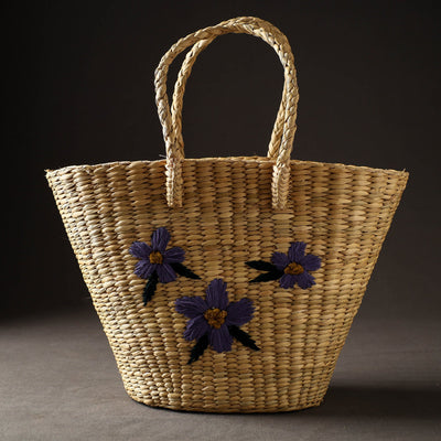 Beige - Handcrafted Natural Water Reed Embroidered Shopping Bag