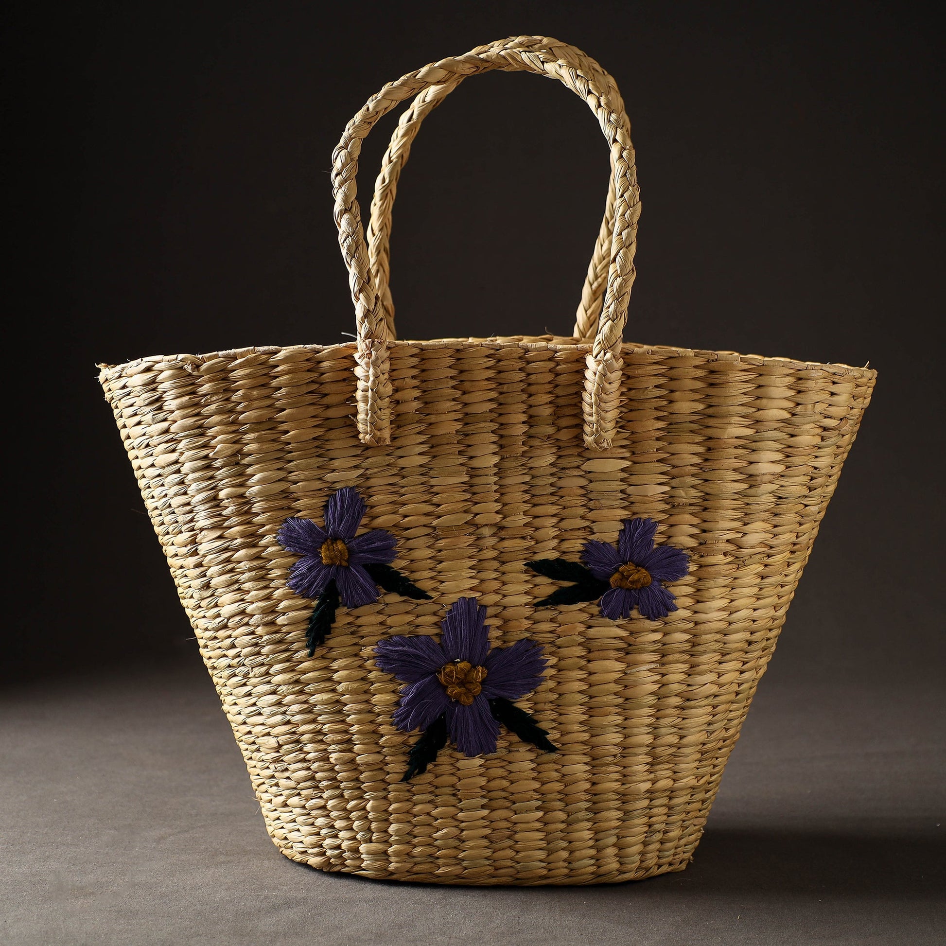 Beige - Handcrafted Natural Water Reed Embroidered Shopping Bag