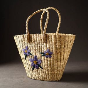 Beige - Handcrafted Natural Water Reed Embroidered Shopping Bag