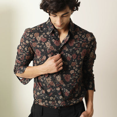 Rare Rabbit Mens Vynil Blue Viscose Fabric Full Sleeves Floral Print Shirt