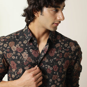 Rare Rabbit Mens Vynil Blue Viscose Fabric Full Sleeves Floral Print Shirt