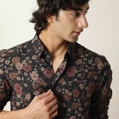 Rare Rabbit Mens Vynil Blue Viscose Fabric Full Sleeves Floral Print Shirt