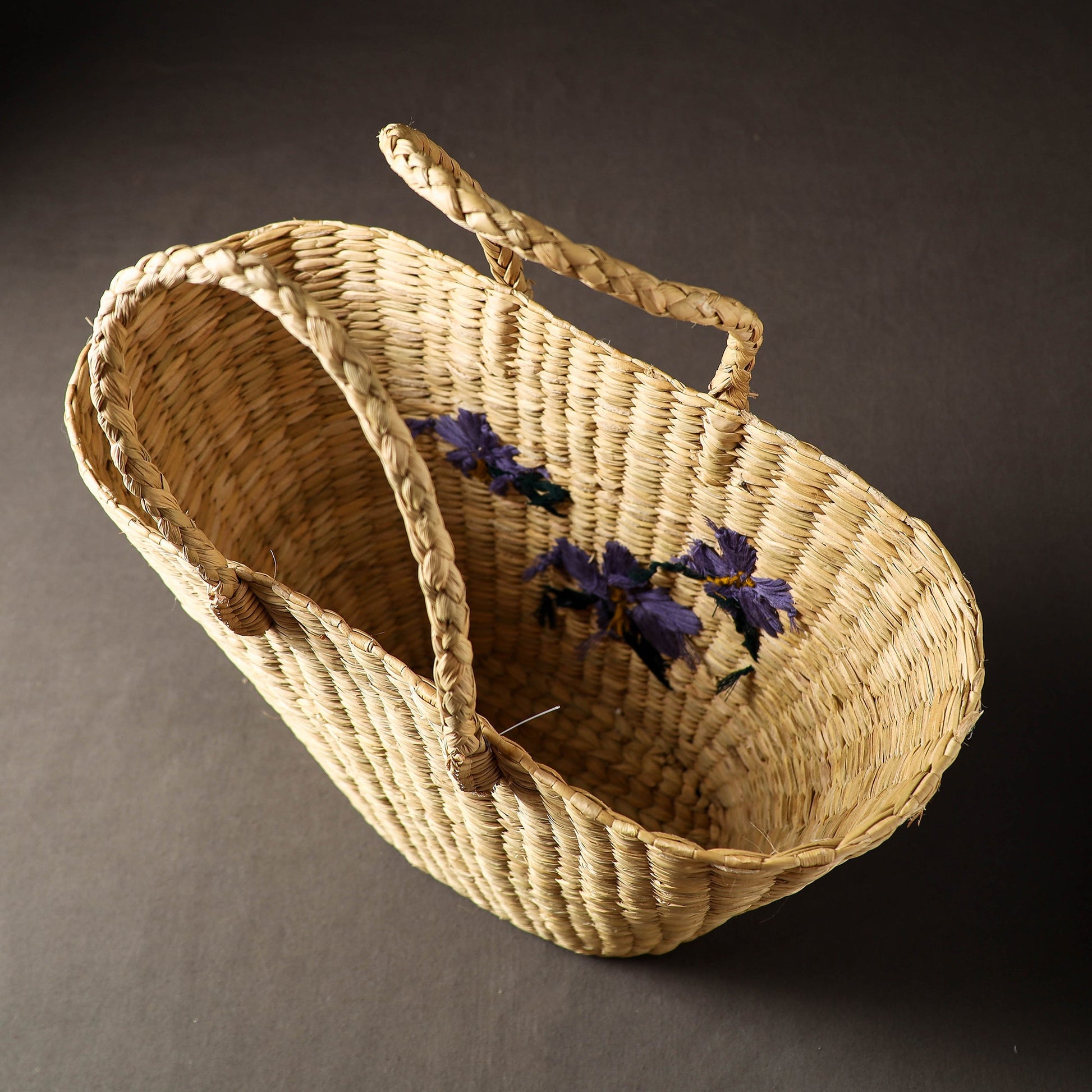 Beige - Handcrafted Natural Water Reed Embroidered Shopping Bag
