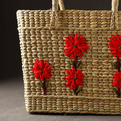 Beige - Handcrafted Natural Water Reed Embroidered Shopping Bag