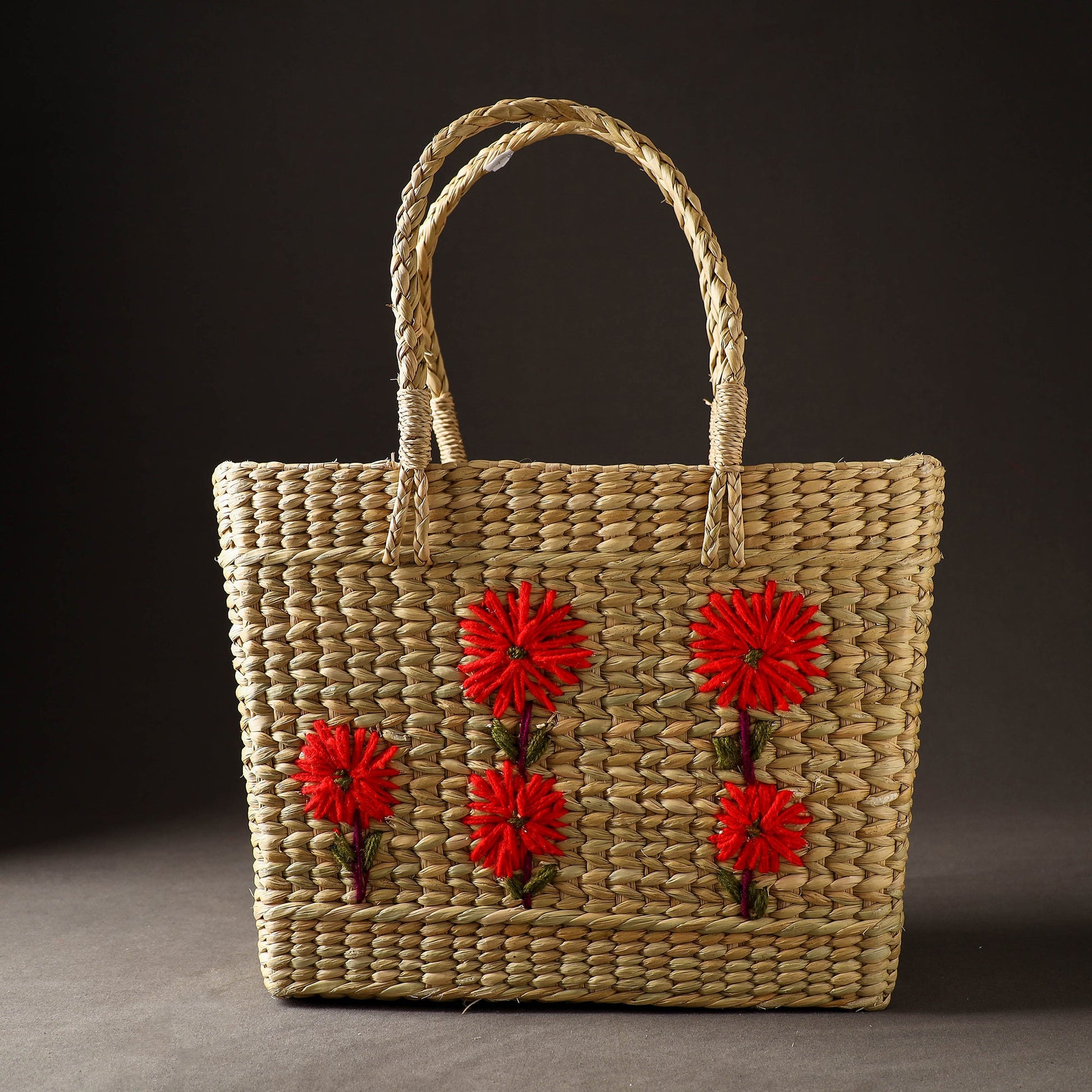 Beige - Handcrafted Natural Water Reed Embroidered Shopping Bag