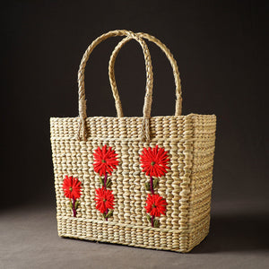 Beige - Handcrafted Natural Water Reed Embroidered Shopping Bag