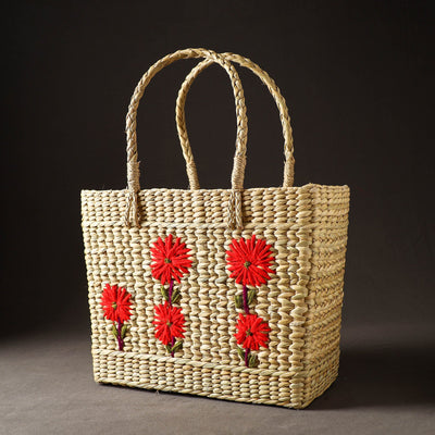 Beige - Handcrafted Natural Water Reed Embroidered Shopping Bag