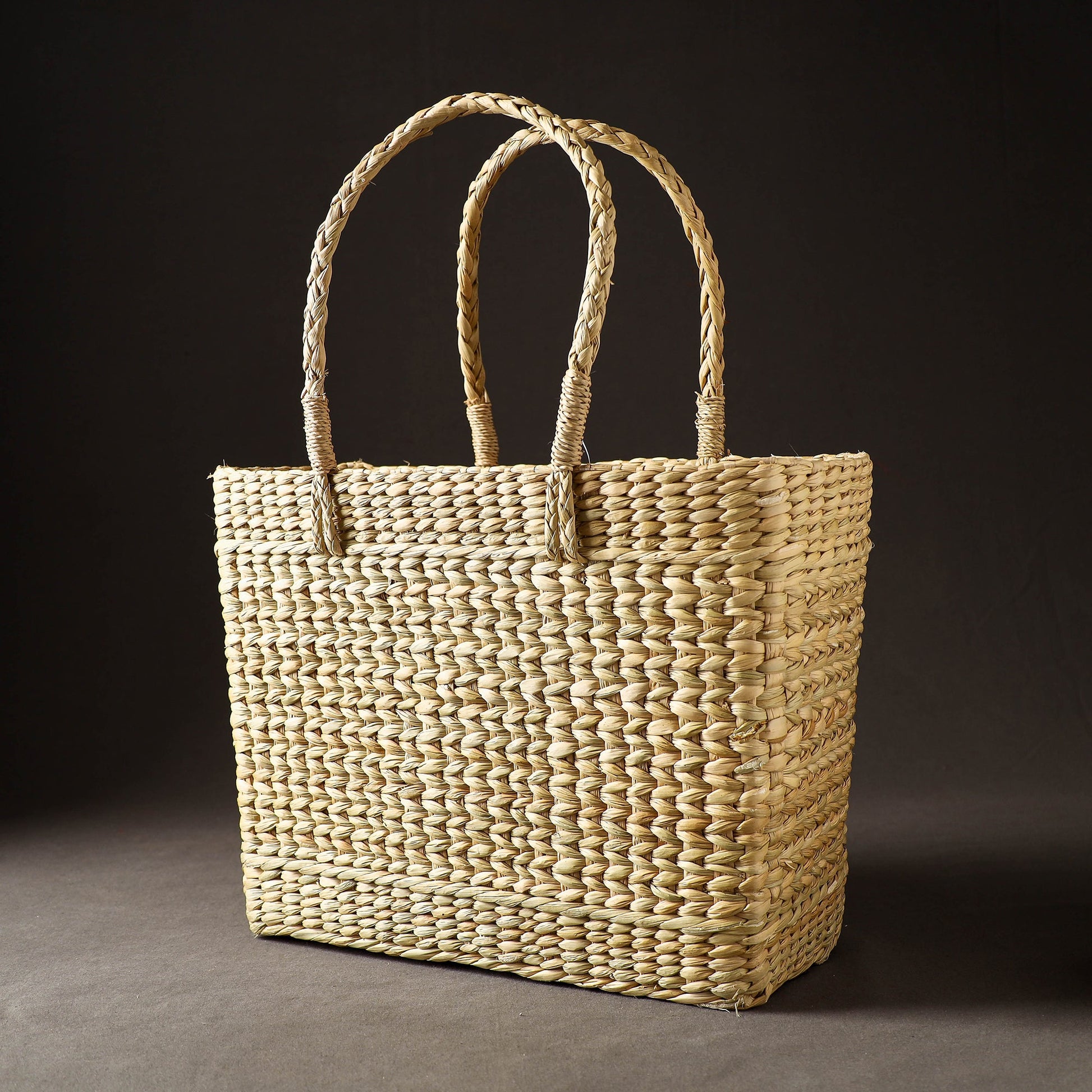 Beige - Handcrafted Natural Water Reed Embroidered Shopping Bag