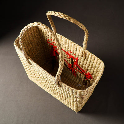 Beige - Handcrafted Natural Water Reed Embroidered Shopping Bag