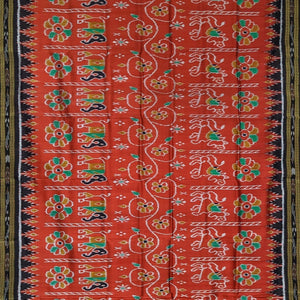 Red Wild Animal Theme Odisha Ikat Khandua Silk Saree