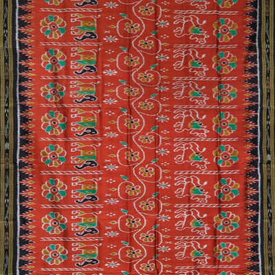 Red Wild Animal Theme Odisha Ikat Khandua Silk Saree