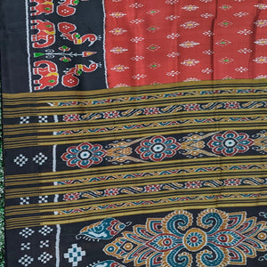 Red Black Elephant Theme Odisha Ikat Khandua Silk Saree