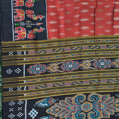 Red Black Elephant Theme Odisha Ikat Khandua Silk Saree