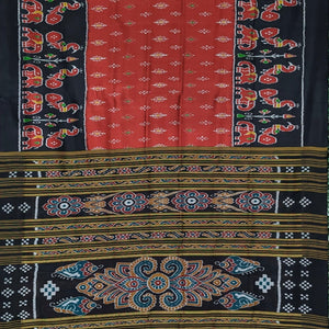 Red Black Elephant Theme Odisha Ikat Khandua Silk Saree