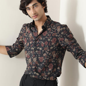 Rare Rabbit Mens Vynil Blue Viscose Fabric Full Sleeves Floral Print Shirt