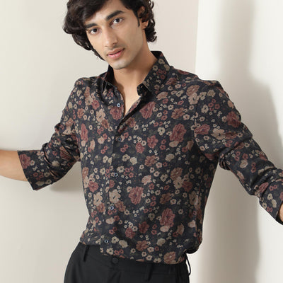 Rare Rabbit Mens Vynil Blue Viscose Fabric Full Sleeves Floral Print Shirt
