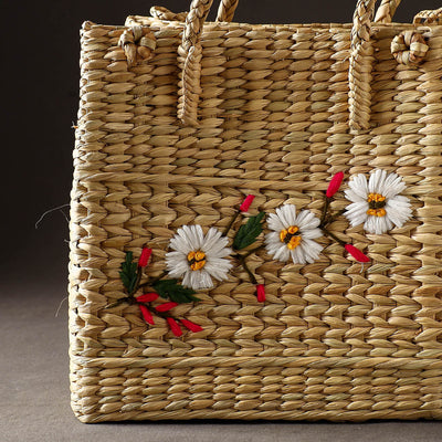 Beige - Handcrafted Natural Water Reed Embroidered Shopping Bag