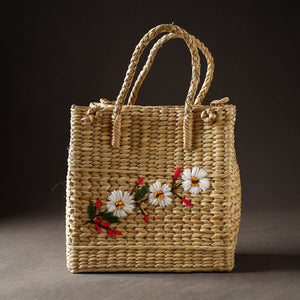 Beige - Handcrafted Natural Water Reed Embroidered Shopping Bag