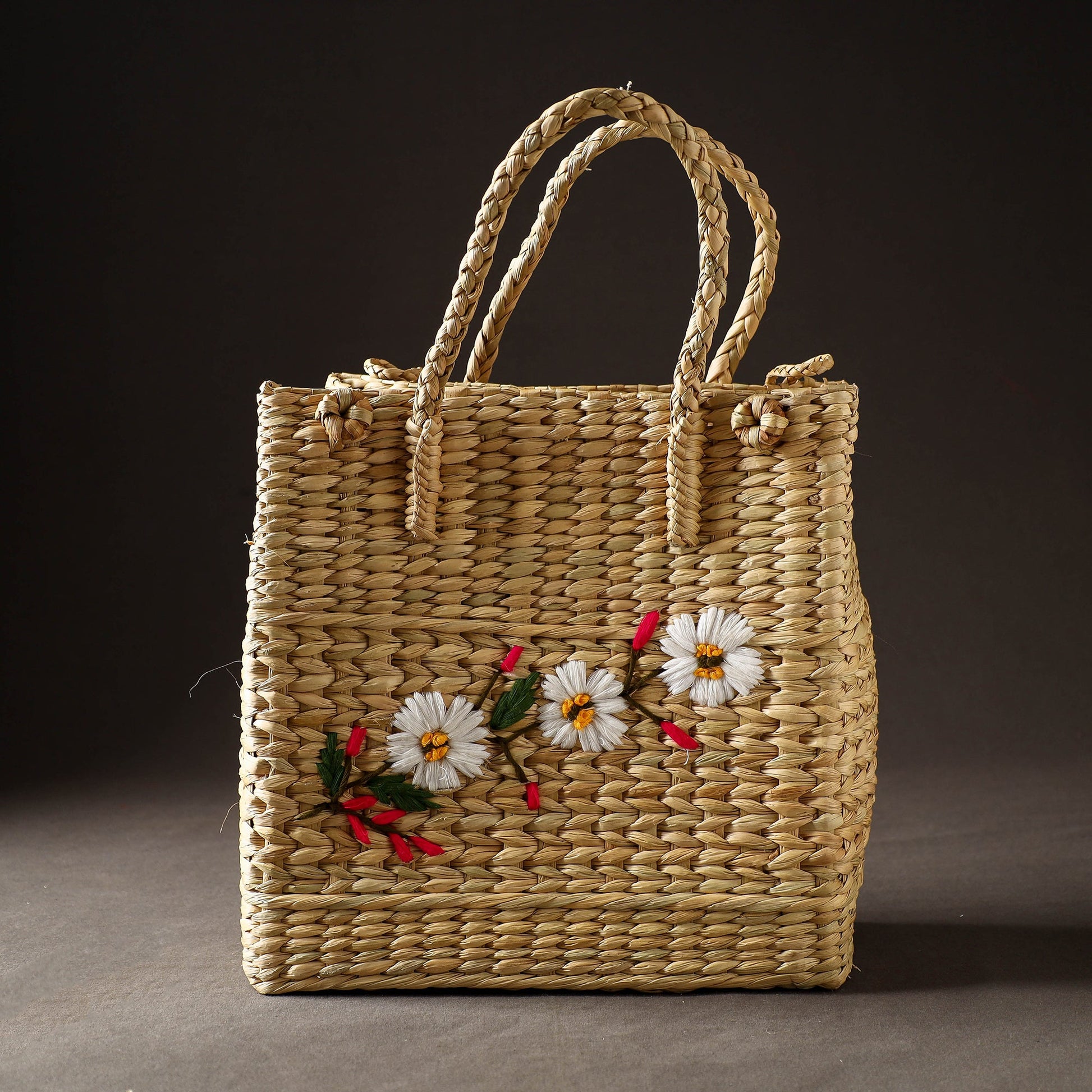 Beige - Handcrafted Natural Water Reed Embroidered Shopping Bag