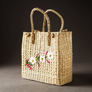 Beige - Handcrafted Natural Water Reed Embroidered Shopping Bag