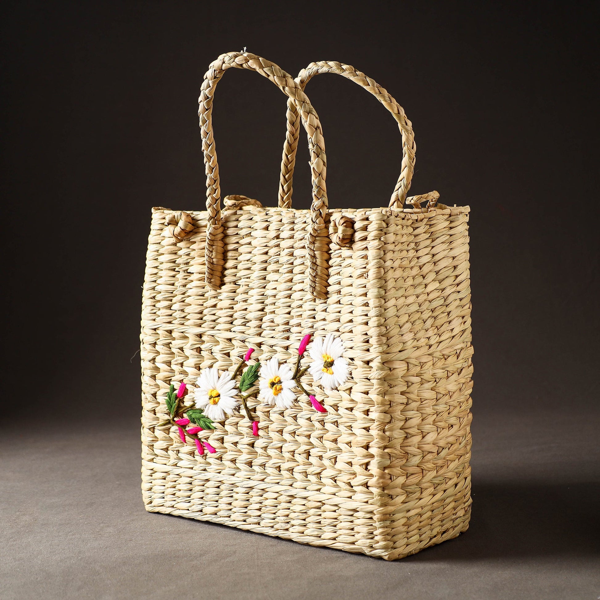 Beige - Handcrafted Natural Water Reed Embroidered Shopping Bag